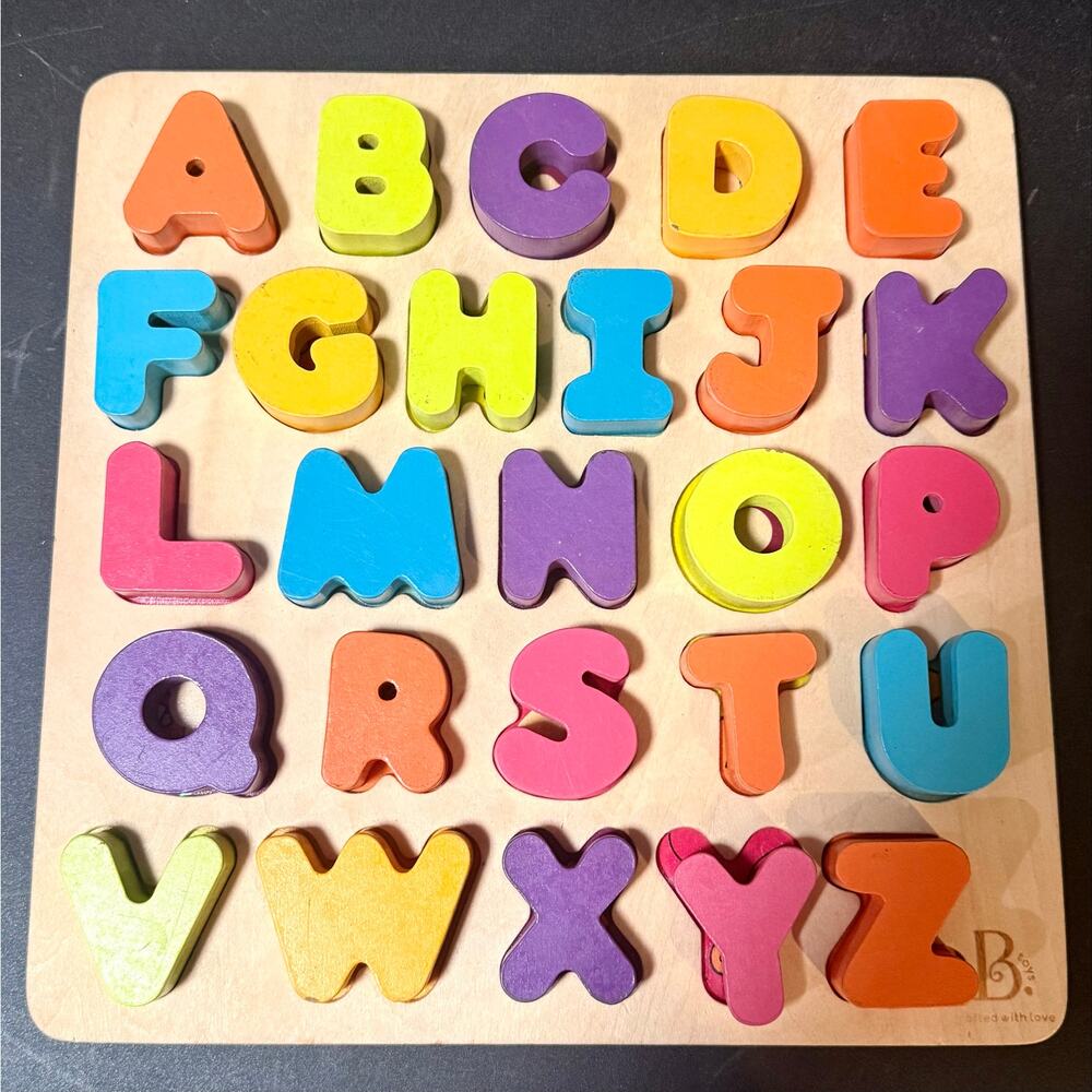 B. toys Wooden Alphabet Puzzle 26 Chunky Letter Pieces for Toddlers Educational